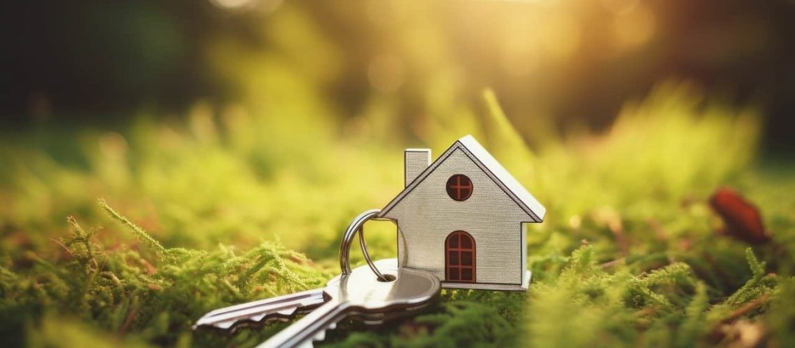 Keys and house model on green grass with sunlight background.